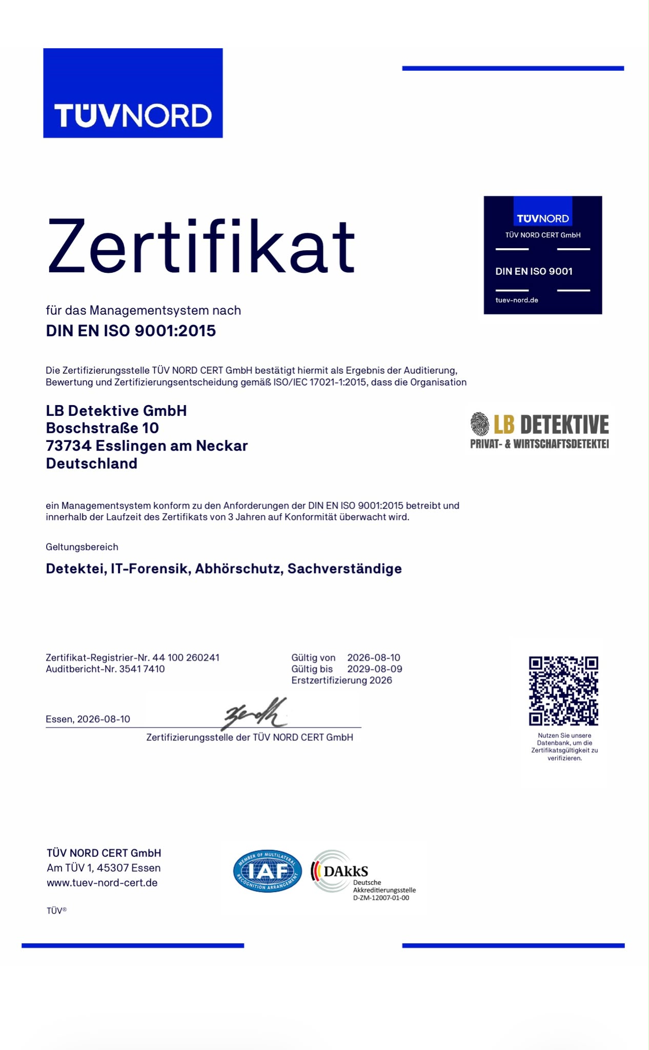 TÜV NORD Zertifikat DIN EN ISO 9001:2015 der LB Detektive GmbH